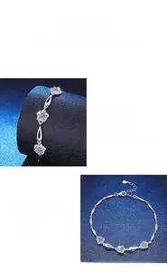Macro detail of 1.5 carat moissanite flower bracelet with polished silver clover links