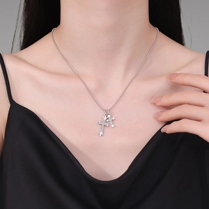 Collier hip hop S925 argent sterling avec double pendentif croix moissanite et chaîne boule