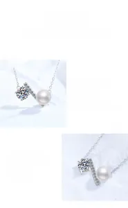 Macro detail of S925 silver necklace with moissanite stones and natural freshwater pearl