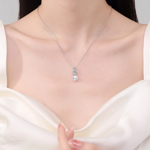 S925 sterling silver infinity heart pendant necklace with 8mm round white freshwater pearl