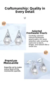 Detailed macro view of S925 silver earrings with freshwater pearls and moissanite stones