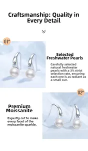 Detail view of natural freshwater pearl and moissanite set in S925 sterling silver earring