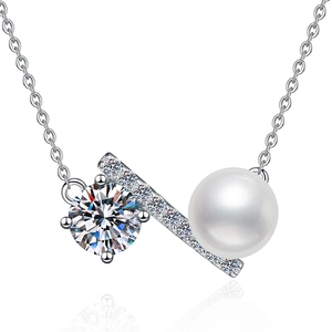 S925 sterling silver necklace with moissanite, pearl, and pavé bar geometric pendant