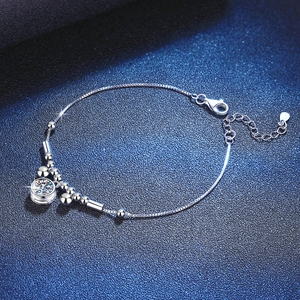 Elegant 925 sterling silver moissanite bracelet with polished beads on blue gradient background