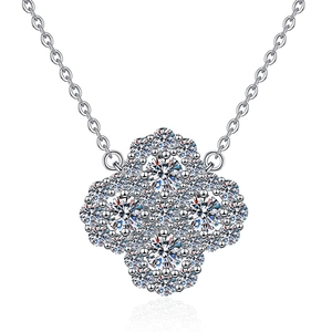 S925 sterling silver necklace with 1.2 carat clover-shaped moissanite pendant on white background