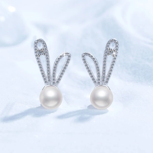 Rabbit Freshwater Pearl Earrings With Moissanite 925 Sterling Silver Earring Post Cute Animal Fashion Jewelry For Women