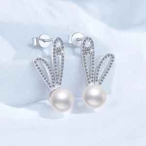 S925 sterling silver bunny pearl earrings with sparkling moissanite stones
