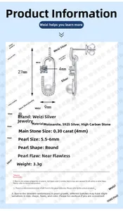 Détail montrant les dimensions du boucl d'oreille en argent S925 avec moissanite et perle