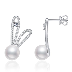 S925 silver bunny stud earrings with large freshwater pearls and moissanite stones