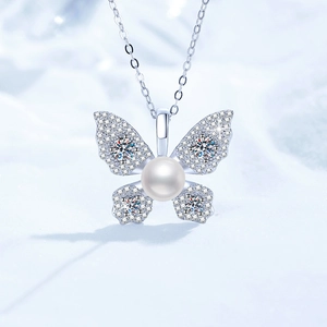 S925 Sterling Silver Butterfly Pendant Necklace With Freshwater Pearl And Moissanite Sparkling Jewelry For Women Gift