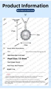 Dimensions détaillées du collier en argent s925 avec perle de 7,5-8mm et moissanite