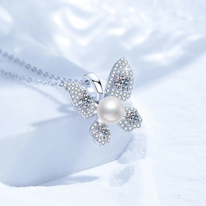Elegant S925 sterling silver butterfly necklace with moissanite and freshwater pearl