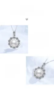Detail of freshwater pearl necklace with moissanite sunflower pendant in S925 silver
