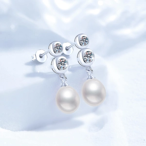 S925 sterling silver drop earrings with moissanite zircon and teardrop freshwater pearls
