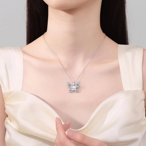 Elegant S925 sterling silver butterfly pendant necklace with pearl and pavé crystals