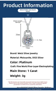 Detail view of S925 sterling silver necklace with 1 carat Moissanite pendant dimensions
