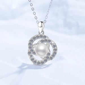 925 Sterling Silver Moissanite Freshwater Pearl Pendant Necklace Double Rings Wave Design Elegant Jewelry For Women