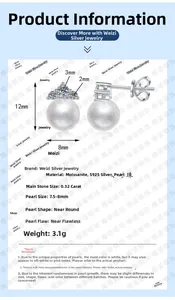 Detailed specifications of S925 silver moissanite stud earrings with 8mm round pearls