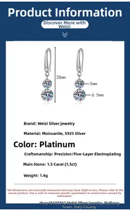Vue détaillée des boucles d'oreilles moissanite argent S925 de 28mm de longueur
