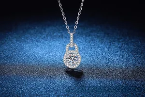 Detailed view of S925 sterling silver padlock pendant with 1ct moissanite and micro-pave stones