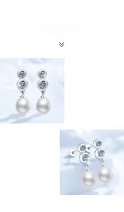 Detail view of S925 sterling silver earrings with moissanite stones and freshwater pearls