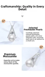 Detail of teardrop pendant featuring a freshwater pearl and sparkling moissanite stone