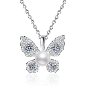 S925 silver necklace with butterfly pendant featuring freshwater pearl and pavé diamonds