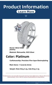 Detailansicht eines 3-teiligen S925 Silber Ringsets mit 1ct Moissanit und Platinüberzug