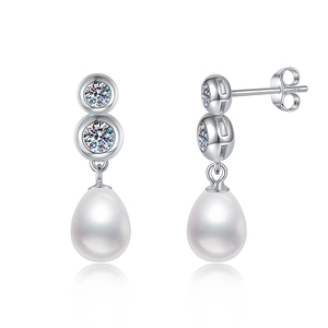 S925 sterling silver drop earrings featuring moissanite stones and freshwater pearls