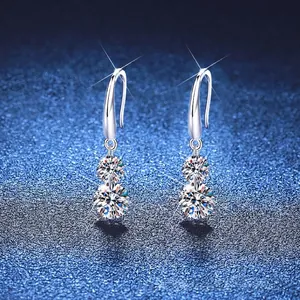 Boucles d'Oreilles Pendantes en Argent Sterling 925 Moissanite 3ct Luxe Pour Femmes Bijoux Élégant Double Pierre