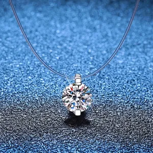 S925 Sterling Silver Moissanite Pendant Necklace Round Brilliant Cut Invisible Fishing Line Chain For Women Minimalist Jewelry