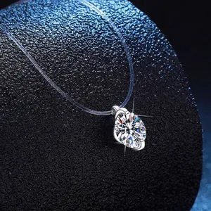 Sparkling S925 silver teardrop moissanite pendant on invisible fishing line necklace