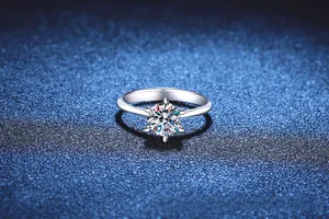 Macro detail of six-prong moissanite ring showing round brilliant cut and silver band