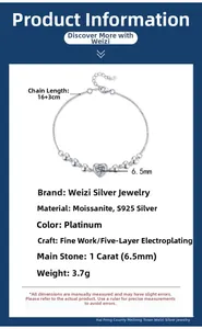 Details zum S925 Silber Herzarmband mit 1ct Moissanit Stein und 16cm verstellbarer Kette
