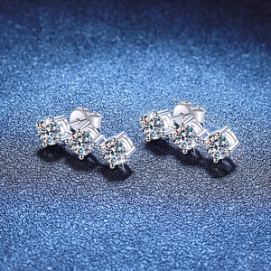 Elegant 925 sterling silver stud earrings with three round sparkling moissanite stones