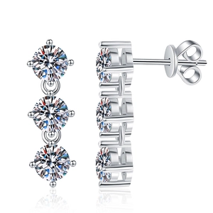 Three-stone vertical moissanite earrings in 925 sterling silver with four-prong settings