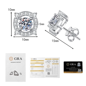 Detailed view of moissanite earrings with 10mm outer diameter and GRA certificate