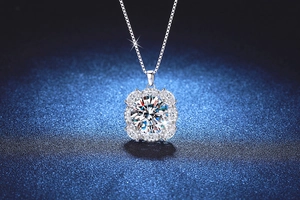 Macro detail of 10 carat moissanite halo pendant with brilliant cut center stone