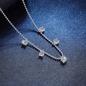 Elegant S925 sterling silver ball chain necklace with five 1 carat Moissanite gemstones