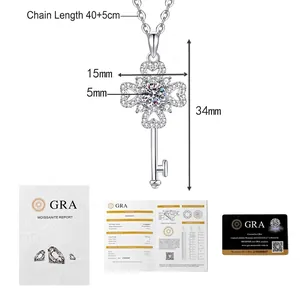 Detail of S925 sterling silver clover key necklace with GRA moissanite certificate