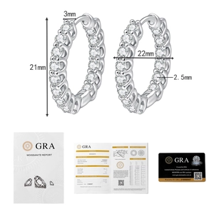 Détail de créoles 22mm en argent S925 et moissanite avec dimensions et certificat GRA