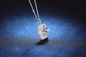 Macro shot of a 10 carat round moissanite halo pendant on a silver box chain necklace
