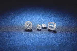 Detail of S925 sterling silver moissanite crown earrings with removable halo jackets