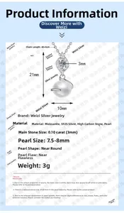 Détails du collier en argent 925 avec perle de 7,5-8 mm et pendentif en moissanite