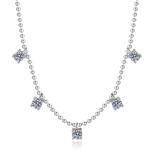 S925 sterling silver beaded necklace with five 1-carat round moissanite stone pendants