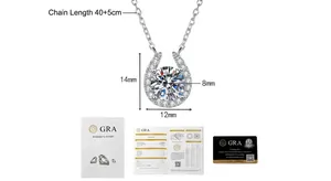 Detail showing 2 carat moissanite horseshoe necklace dimensions and GRA certificate