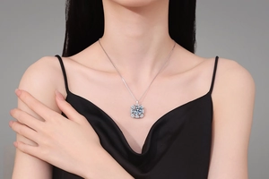 Luxurious 10-carat moissanite necklace shown on model with elegant sterling silver pendant