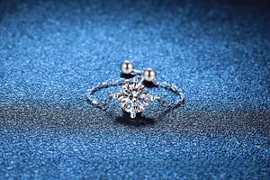 Macro shot of S925 sterling silver chain ring with large moissanite stone