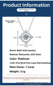 Detail view of S925 silver necklace with 1ct moissanite pendant and size specifications