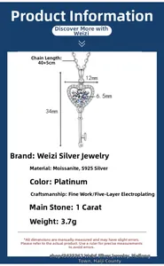 Spécifications de taille et de matériau pour le collier clé cœur en argent S925 moissanite
